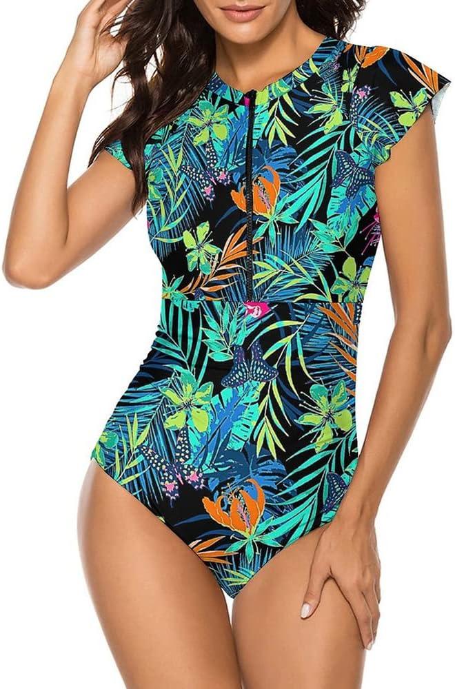 Wolddress Women Modest One Piece Bathing Suit Short Sleeve Tummy Control Swimsuit Zipper Surfing Athletic Rash Guard (Medium, Tropical Leafs Black)