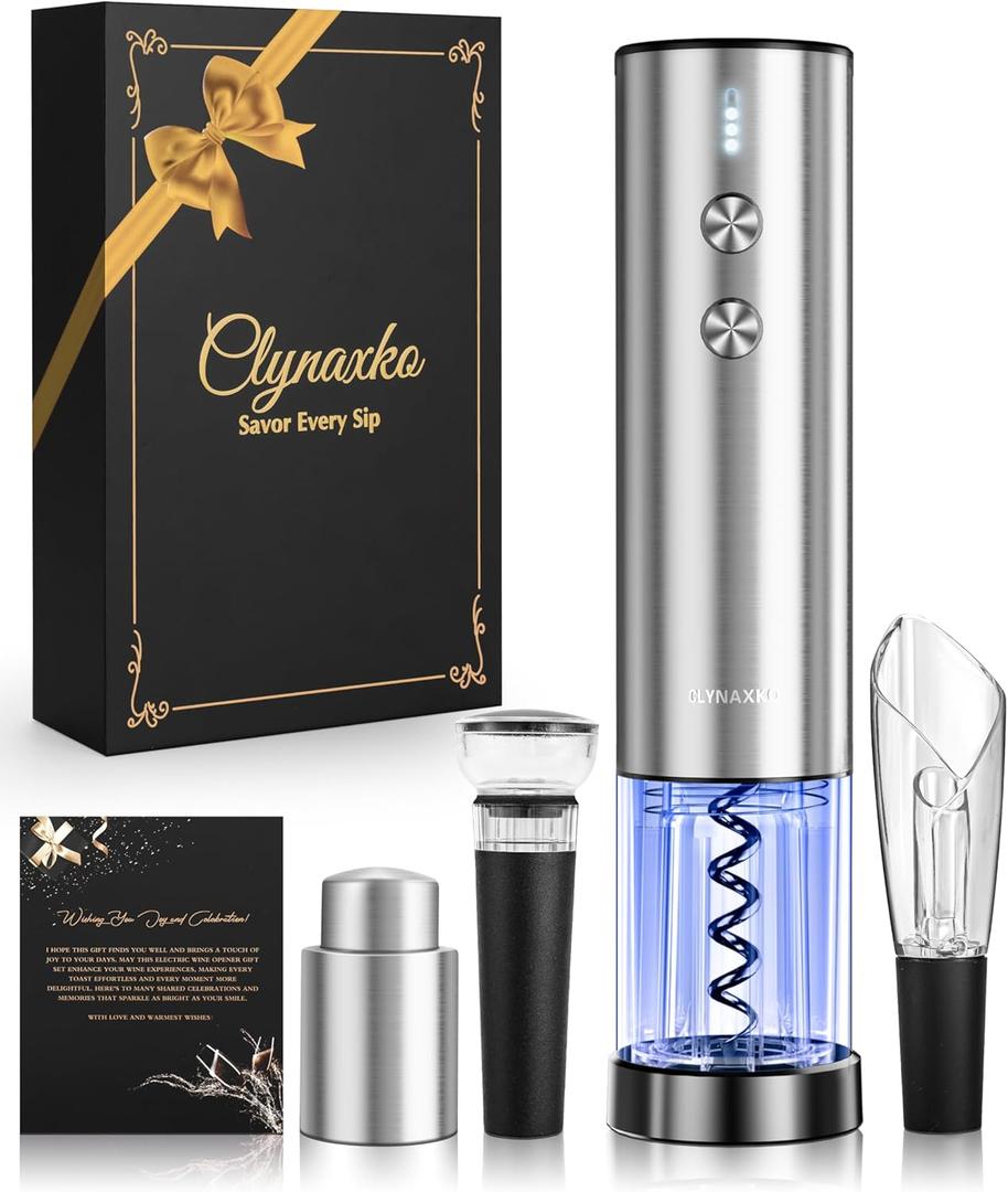 Electric Wine Opener Set - Premium Wine Gifts with Wine Opener, Foil Cutter, Wine Aerator, Vacuum Stopper, and Elegant Gift Box - Ideal Christmas Gift for Unforgettable Moments (Stainless Steel)