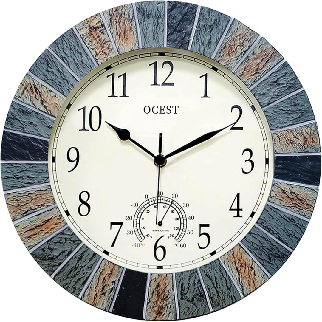 OCEST 13 Inch Large Outdoor Indoor Clock, Waterproof Wall Clock with Thermometer, Weather-Resistant Non-Ticking Battery Operated Decor for Patio, Pool, Lanai, Fence, Porch, Garden, Brown