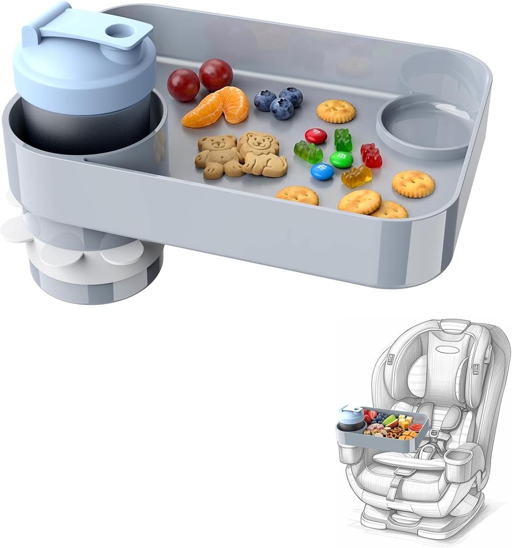 Car Seat Snack Tray for Kids, Mess-Free Square Travel Tray Cup Holder Snack Tray, Durable Car Food Tray for Toddlers, Universal Fit Kids Travel Road Trip Essentials (1, Grey)