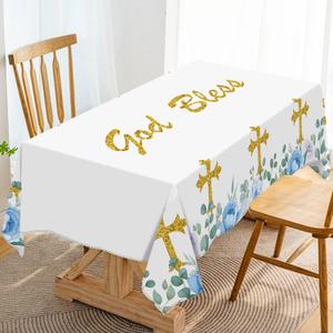 Hafangry God Bless Tablecloth Boy First Holy Communion Blue Baptism Christening Party Decoration Christian Cross Kitchen Dining Room Table Cloth Home Decor-6084inch