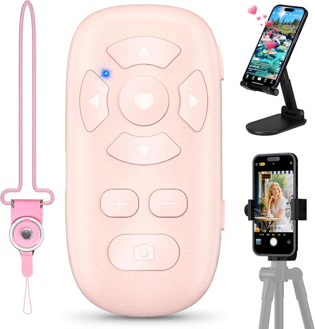 Wireless Camera Remote Control for iPhone & Android, TikTok Scrolling Remote with Phone Holder and Tripod Mount Adapter, Bluetooth Photo and Video Clicker with Front/Rear Camera Switch Neck Strap (Pink)