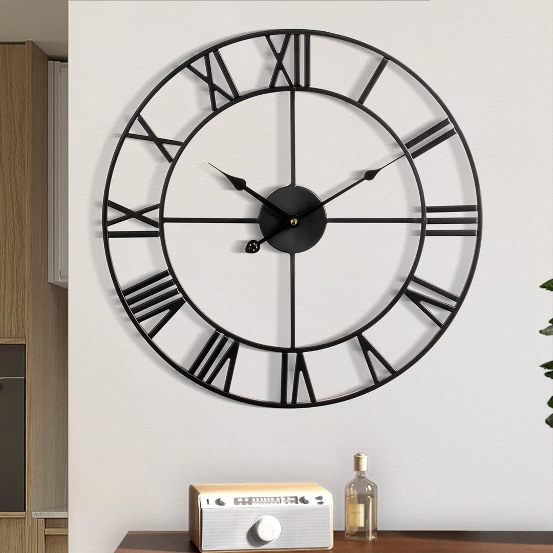 1st owned Large Wall Clock, Metal Retro Roman Numeral Clock, Modern Round Silent Wall Clocks, Easy to Read for Living Room/Home/Kitchen/Bedroom/Office/School Decor (Black, 18.5 Inch)