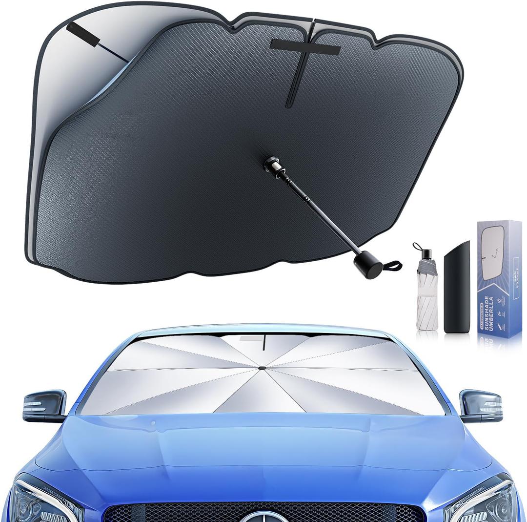 [2024 Upgrade] Car Windshield Sunshade Double Layer Umbrella-Hidden Umbrella Stand Foldable Visor for Auto Sedans, SUV, Truck