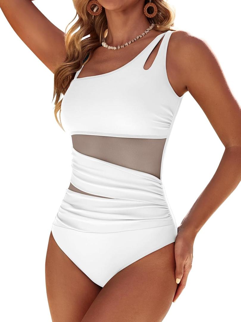 Womens Mesh One Piece Swimsuits Ruched Tummy Control Bathing Suit Modest Full Coverage Slimming Swim Suit, M