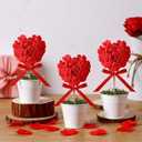Suncalla 3 Pcs Valentines Day Artificial Heart Red Rose Topiary Plant with Pot 5.5'' to 7'' Red Heart Shaped Fake Tree Potted for Tabletop Centerpiece Tiered Tray Decor Gifts