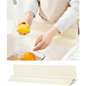 Akrelyan Kitchen Sink Splash Guard 23" 18" 30" Self-Draining Silicone Water Guard with High Splash Wall & Strong Suction Cups for Faucet, Countertop & Sink Edge, Keeps Sinks Dry, Dishwasher Safe,Cream