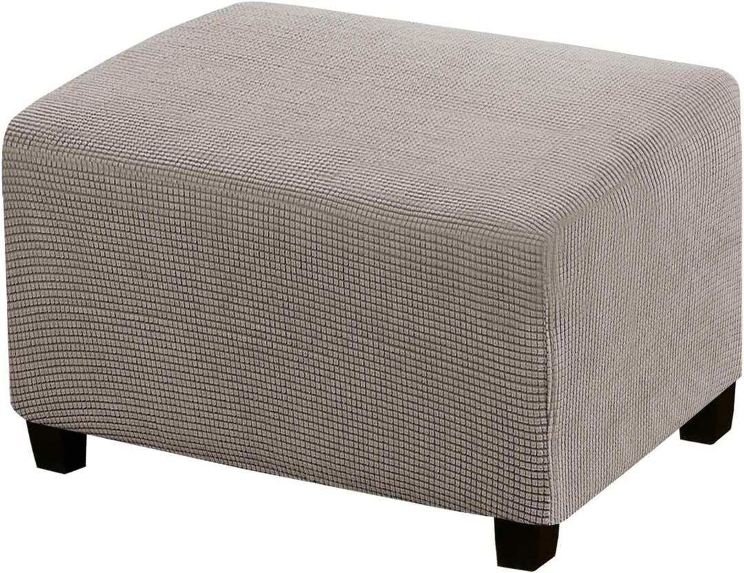 Stretch Ottoman Cover Ottoman Slipcovers Rectangle for Living Room Foot Stool Stretch Covers to Fit Ottoman Foot Rest, Thick Checked Jacquard Fabric with Elastic Bottom (Standard Size, Taupe) (Large)