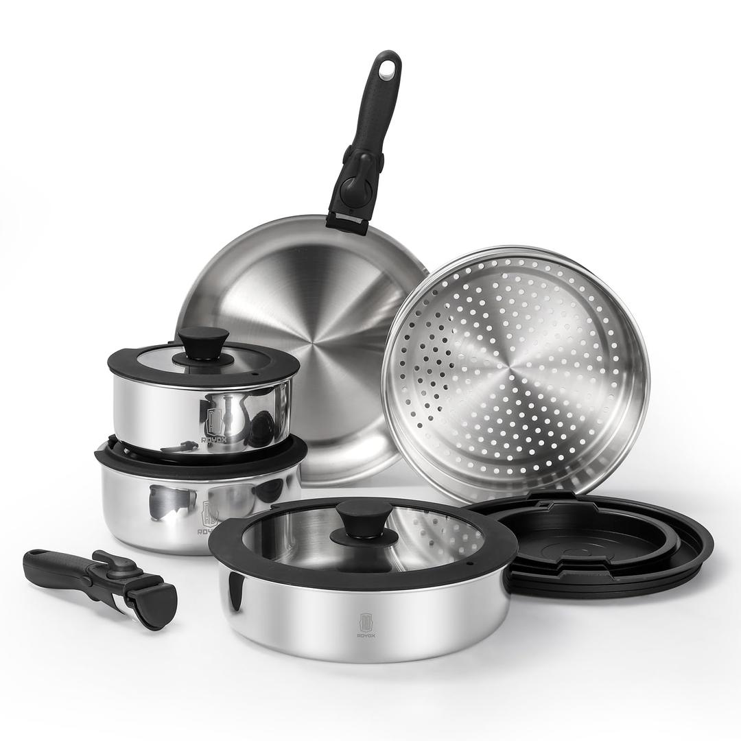 ROYDX 16pcs Pots and Pans Set, Stainless Steel Cookware Set Detachable Handle, Induction Kitchen Stackable RV Cookware Sets, (Camper, Boat, Small Kitchen), Dishwasher Safe&Oven Safe, PFOA Free, Silver