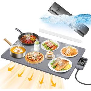 Waterproof Electric Food Warming Mat, Food Grade Silicone Warming Tray with 17 Temp Setting and 6 Hours Timer, Full Surface Warming Mat for Food, Roll Up Food Warmer Mat for Parties (Dark Gray)