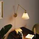 Gold Plug in Wall Sconce, Swing Arm Wall Light with 6.6FT Plug in Cord, Two Adjustable Arms, Fabric Shade, E26 Base, Hardwired Wall Lamp for Bedroom, Reading, Living Room, Hallway (1 Pack)