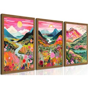 Boho Colorful Mountain Wall Art Set of 3, Abstract Watercolor Landscape Flower Wall Decor Paintings, Modern Nature Sunset Forest Posters Prints for Living Room, Bedroom 16x24 Inch Wood Framed, 24L" x 16W"