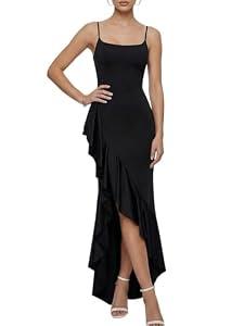 ZAFUL SPORTS Women's Sexy Ruffles Slit Formal Gown, Spaghetti Strap Bodycon Maxi Dress for Prom Party Wedding Guest,Black,XS