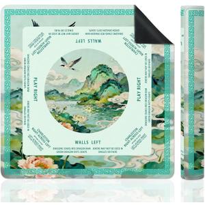 Teal Chinoiserie Mahjong Mat for Table, Vintage Chinese Mountain Crane Scenery 31.5" x 31.5" Non-Slip & Noise Reduction Mahjong Mat for Poker Dominoes Cards & Board Games