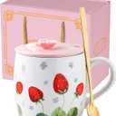 13.5oz Cute Strawberry Ceramic Coffee Mug with Lid Gold Spoon Tea Cup Cute Mugs for Women Friend Colleague Boss Gifts