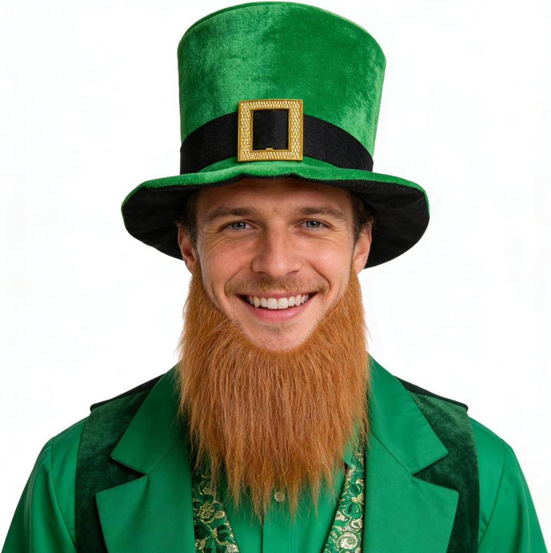 St Patricks Day Hat Beard Green Irish Velvet Top Hat Leprechaun Costume Suit Leprechaun for Party Favor Accessories Adults (Green)
