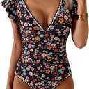 Women's One Piece Ruffle Swimsuit Tummy Control Bathing Suit V Neck Shell Stitched Swim Suit Slimming Swimwear L