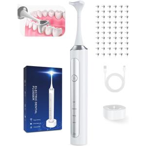 Rechargeable Electric Flosser  4-Speed Dental Flosser with 60 Heads & Tongue Cleaner  contactless Charging Base for Adults & Kids  Dentist-Approved Gum Care & Water Flosser Alternative (White)