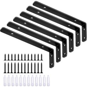 LSK 6PCS L Bracket, Heavy Duty Metal Corner Bracket, 6"×2"(150×50mm) Shelf Support Bracket Max Load : 42lb, Joint Angle Bracket for Wooden Board, Black