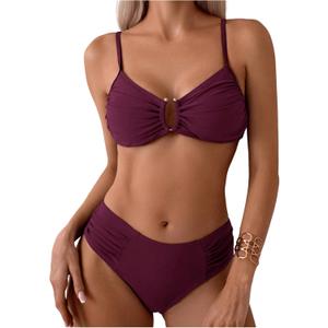 SweatyRocks Women's Two Piece Bikini Set Ring Linked Ruched Underwire Bikini Bathing Suit Swimwear Set Swimming Suit (Medium, Red Violet)