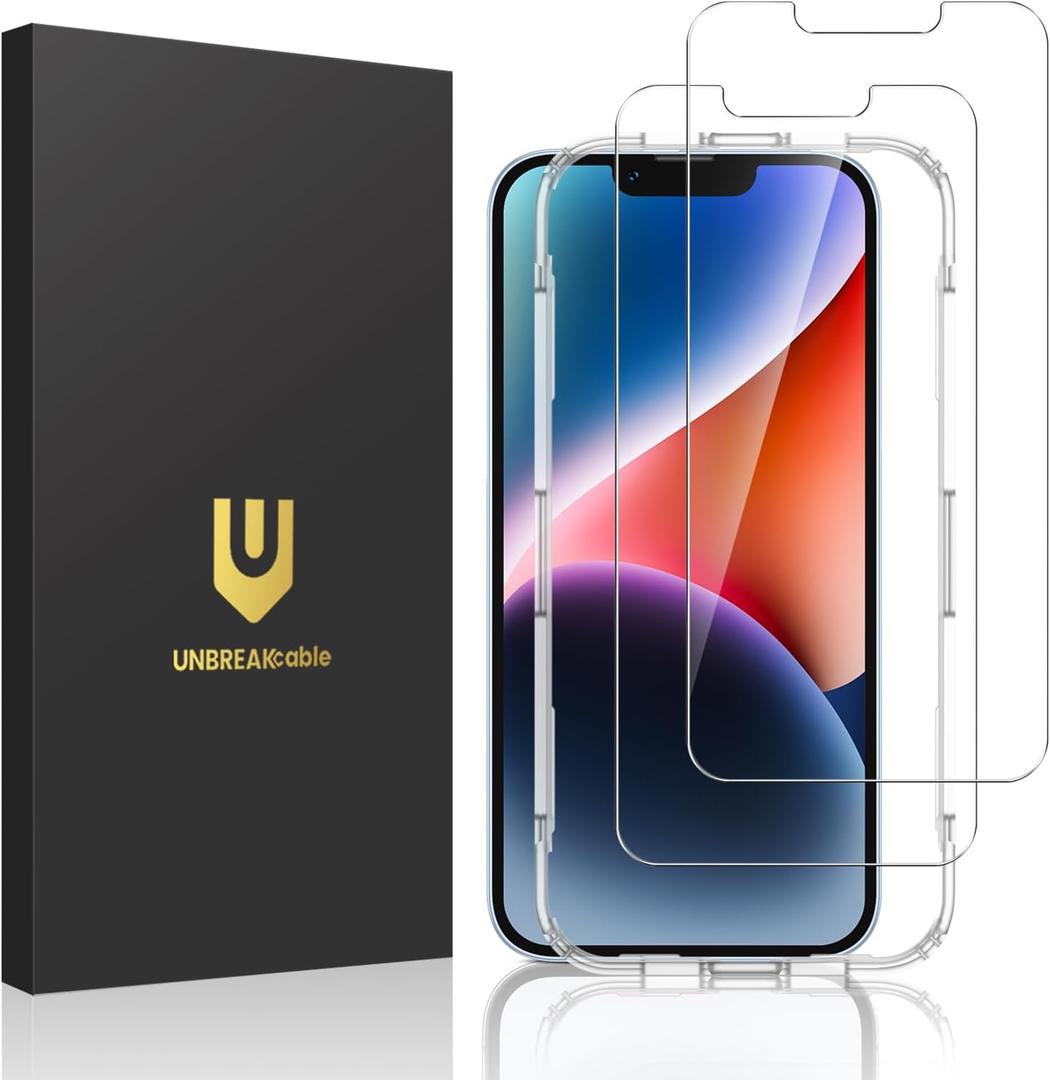 UNBREAKcable 2-Pack Screen Protector for iPhone 16e/14/13/13 Pro, Military-Grade Shatterproof Tempered Glass [9H+ Hardness] [Easy Installation Frame] [99.99% HD Clear] for Apple iPhone 13 Pro/13/14/16