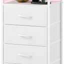 Somdot White Nightstand with Charging Station and LED Light for Bedroom, Tall 4 Drawers Dresser with Fabric Bins for Bedside Kids Dorm Room Closet Laundry Entryway, White Leather