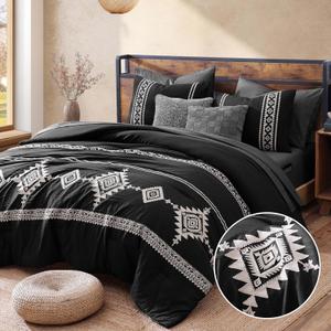 MaiRve Embroidery Queen Size Comforter Set Black, Boho Farmhouse Western Bedding Set 7 Pieces, All Season Bed in A Bag Comforter Set with Sheets, Pillowcases & Shams