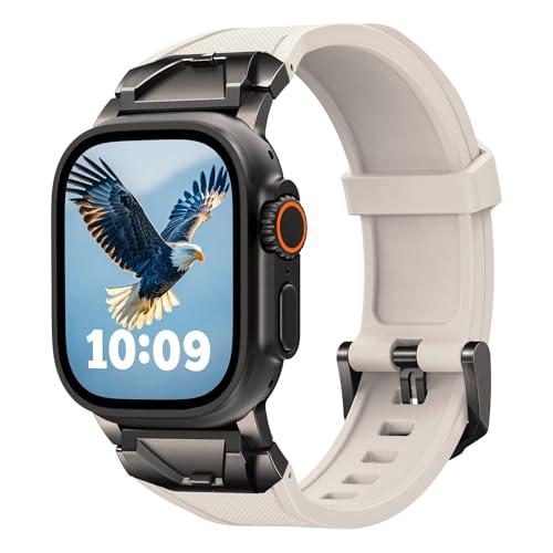 SUNFWR Compatible with Apple Watch Band Ultra 3/2/1 49mm 46mm 45mm 44mm 42mm Men, Rugged Silicone Rubber Sport Strap with Metal Connector for iWatch SE 3/2/1 Series 11 10 9 8 7 6 5 4 3 2 1 (Starlight/Black)