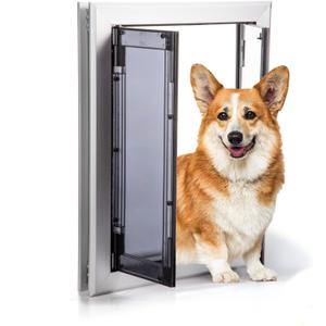 Premium Dog Door, Aluminum Pet Door with Double Panels, Doggie Door with Automatic Closing Magnetic Flaps, Slide-in Panel & 4 Security Locks, Weather Resistant & Durable Use, Medium