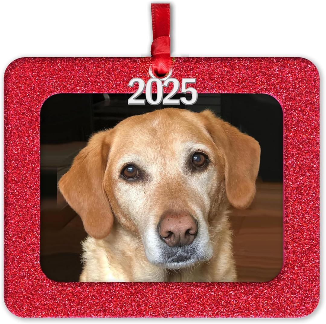 2025 Photo Ornaments for Christmas Tree, Christmas Picture Frame Ornament, Easy-Load Magnetic Frame with Ribbon, Charm & Photo Protector, Horizontal - Sparkly Red