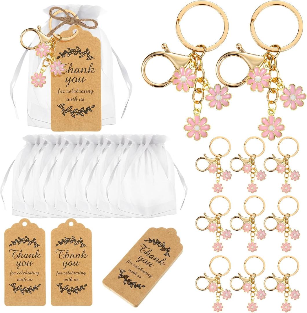 Ecation 20 Set Flower Keychain Party Favor Bulk Keyring Charm for Guest Baptism Bridal Shower Valentine Wedding Gift(Pink,Daisy)
