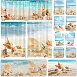 13 Pcs Beach Kitchen Decor Set 3 Seashell Kitchen Curtains Valance 2 Beach Rugs and Mats 4 Coastal Hand Towels 2 Pot Holders 2 Oven Mitts for Summer Home Decor Cooking Grilling Housewarming Gift