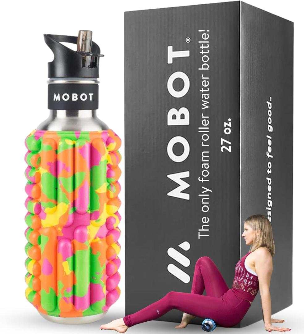 MOBOT Portable Travel Foam Roller Water Bottle with Sip Straw, Stainless Steel Screw Lid | Insulated Sports Water Bottle and Foam Rollers for Yoga, Workout, Home Gym, & Exercise, Juicy (27 oz) (23.7 Ounces)