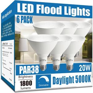 Gonhom Par38 led Flood Lights Outdoor Light Bulb,Dimmable 1800LM,20W Replace up to 200W,Outdoor Flood Light Bulbs for Backyard,Garage,Porch,Garden,6 Pack 5000K Daylight