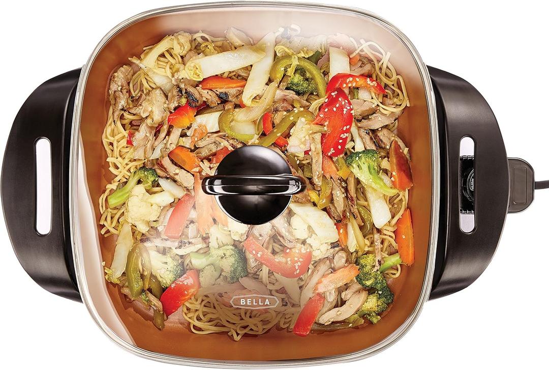 bella Electric Skillet and Frying Pan with Glass Lid, Nonstick Coating, Cool Touch Handles, Removable Heating Probe, Dishwasher Safe, 12 x 12 inch, Copper