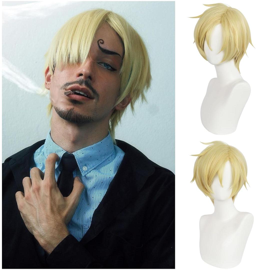 Mens Blonde Wig Denji Short Layered Blonde Anime Wig Sanji Heat Resistant Halloween Party Cosplay Wig