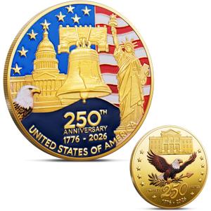 USA 250th Anniversary Commemorative Coin 1776-2026, Gold Plated American Independence Challenge Coin, Patriotic Collectible Souvenir Gift for Veterans & History Collectors, Non Legal Tender