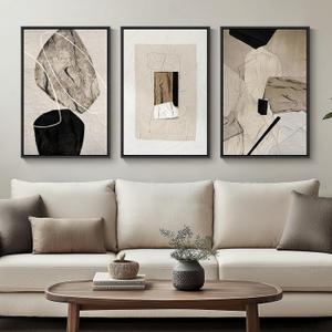 Framed Neutral Abstract Wall Art, Set of 3 Modern Canvas Prints Paintings Artwork for Walls, Minimalist Black and Beige Pictures for Living Room Hallway Stair Bedroom Office Wall Decor 16x24 Inch, 16" W x 24" H x 3Pcs