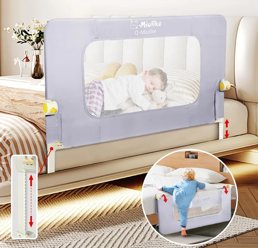 Q-MIULIKE Baby Bed Rail for Toddlers Smooth Flip-Down Crib Guard Rail Safety Rail Guards for 14 Height Adjustable, Toddlers Bed Rails for Full King Queen Twin Bed for 47''，1 Piece