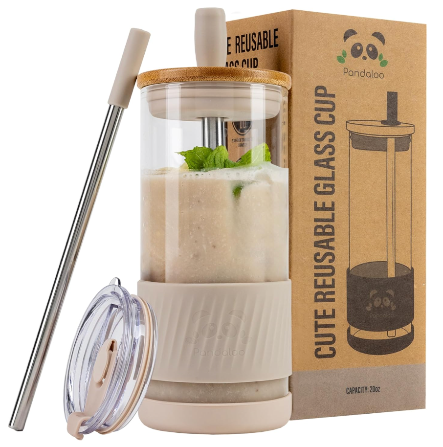 Pandaloo® Glass Cups With Lids and Straws 20 Fl Oz Perfect Size Iced Coffee Cup  Smoothie Cup With Bamboo Lid and On the go Lid (Creamy Mushroom, 1 Count (Pack of 1)