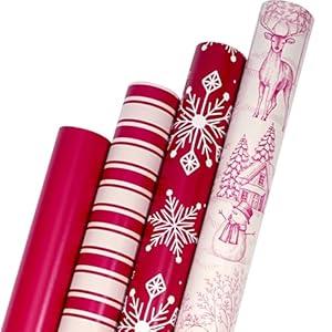 BIOBROWN Christmas Wrapping Paper Rolls - Deer/ Snowflake/ Stripes/ Red Design for Xmas, Winter Party - 30" X 10' Per Roll (4 Rolls: 100 sq. ft. ttl.)