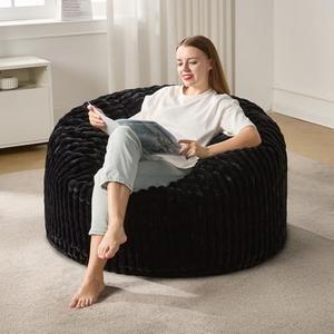 Hobestluk 3ft Bean Bag Chairs for Adults Large Beanbag Chair with Stripe Plush Cover Big Bean Bag Chair for Living Room Bedroom Dorm Office - Black