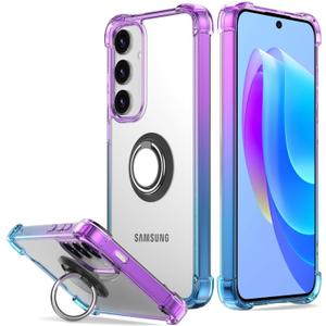 for Galaxy S24 Plus Case Clear with 360 Rotation Metal Ring Holder Stand, Support Magnetic Car Phone Mount Soft TPU Bumper PC Hard Protective Phone Case for Samsung S24 Plus(Purple Blue)