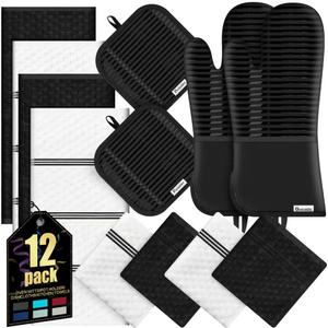Oven Mitts Kitchen Towels and Dishcloths with Pot Holders Sets, Oven Gloves Hot Pads 500°F Heat Resistant with Silicone Grip, Include 2 Cooking Gloves/2 Potholders/4 Kitchen Towels/4 Dish Towels