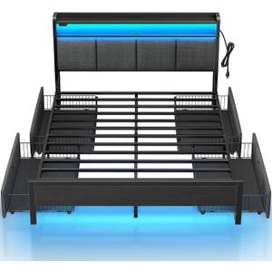 Rolanstar Bed Frame Full Size with Charging Station and LED Lights, Upholstered Storage Headboard with Drawers, Heavy Duty Metal Slats, No Box Spring Needed, Noise Free, Easy Assembly, Dark Grey