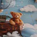 Hot Air Balloon Cloud Bear Travel Baby Birthday Backdrop Newborn Baby Blue Birthday Background Party Decoration for Boys Girls 5x3ft