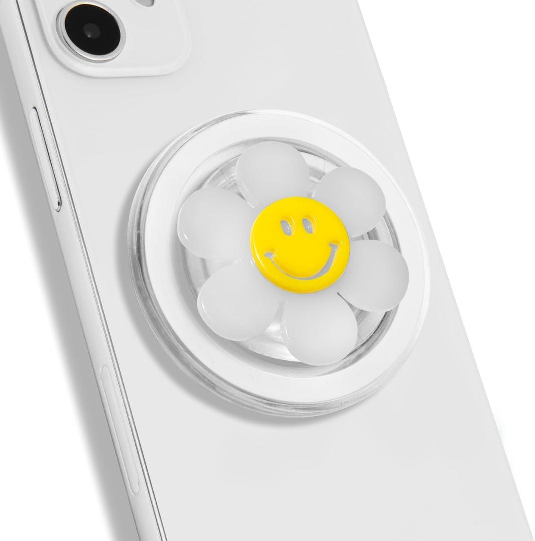 Magnetic Luminous Smiley Flower Mobile Phone Grip: Swappable & Collapsible Grip for Phones & Tablets (White)