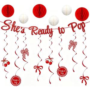 2 x 23Pcs She's Ready to Pop Glitter Banner, Red Cherry and Bow Theme Party Decor, Baby Shower Decorations with 6 Honeycomb Balls for Gender Reveal Party