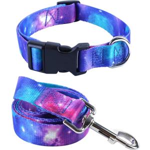 2PCS Cat Dog Collar and Galaxy Leash Set Pet Gift Adjustable Dogs Space Collars for Small to Large Pets (Small) (S (7"-12"))