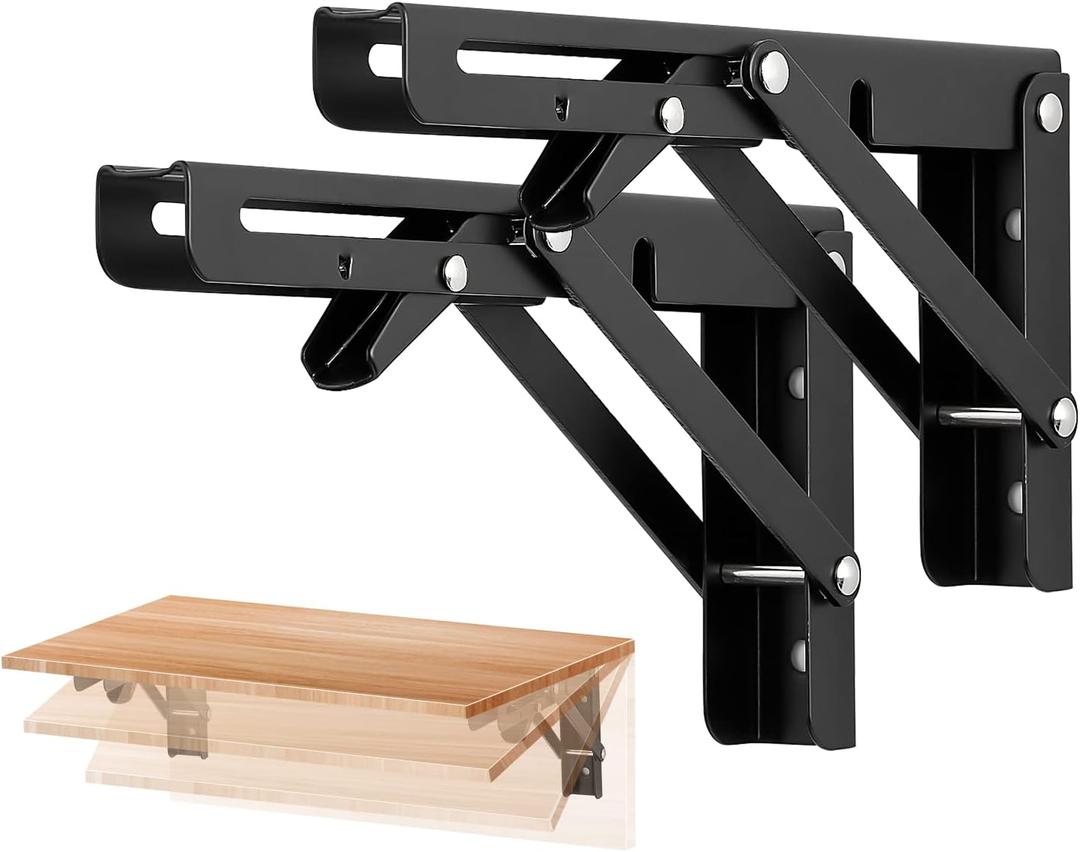 Ravinte 2 Pack 8 Inch Folding Shelf Brackets  Matte Black, Heavy Duty Collapsible Brackets for Tables and Benches  Space-Saving Design